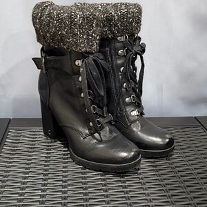 Circus by Sam Edelman Black Lace-Up Knit-Cuff Heeled Ankle Boots